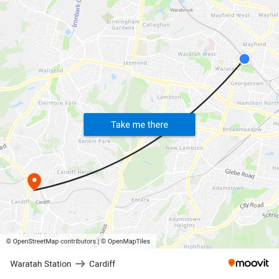 Waratah Station to Cardiff map