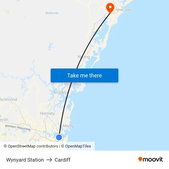Wynyard Station to Cardiff map