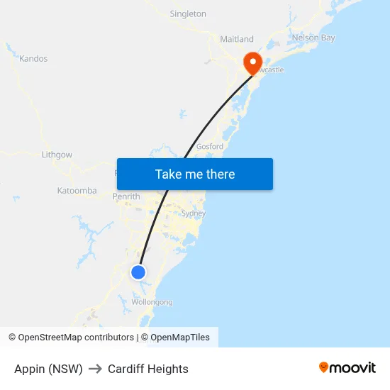 Appin (NSW) to Cardiff Heights map