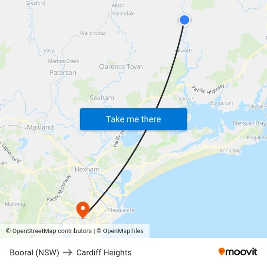 Booral (NSW) to Cardiff Heights map