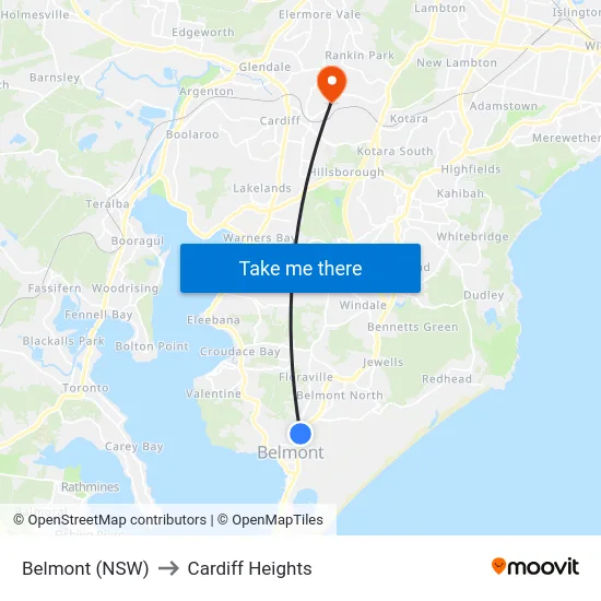 Belmont (NSW) to Cardiff Heights map