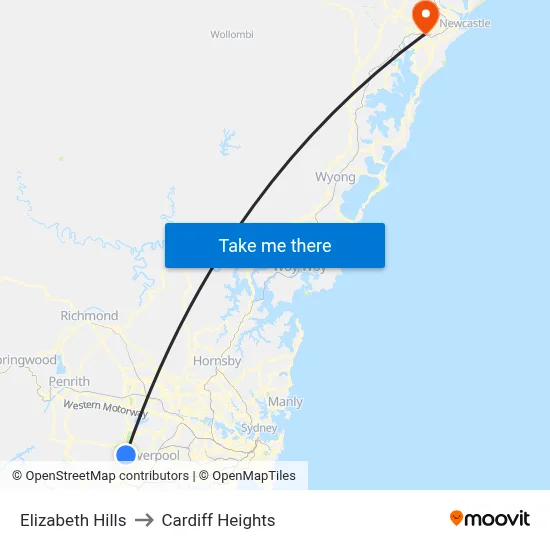 Elizabeth Hills to Cardiff Heights map