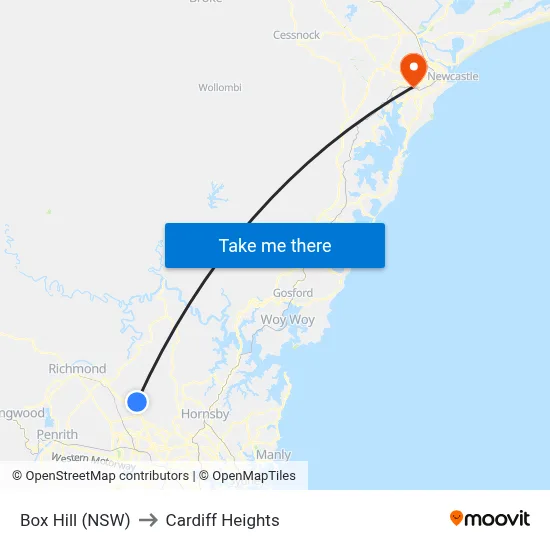Box Hill (NSW) to Cardiff Heights map