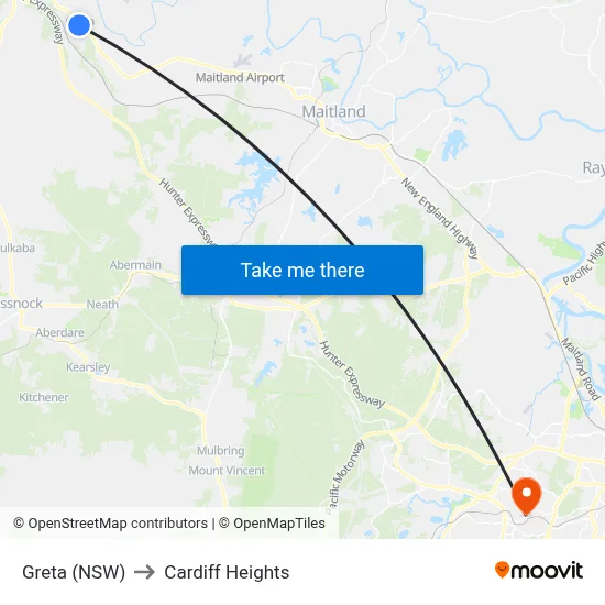 Greta (NSW) to Cardiff Heights map
