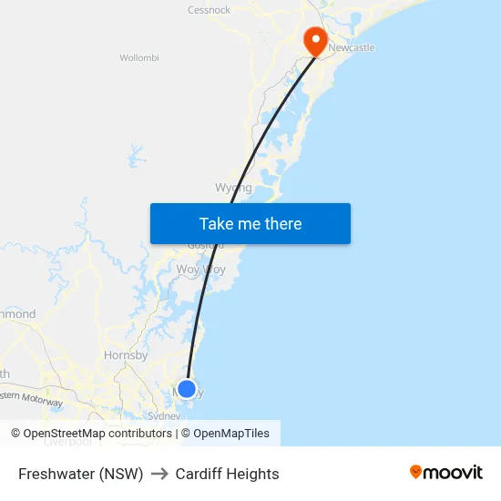 Freshwater (NSW) to Cardiff Heights map