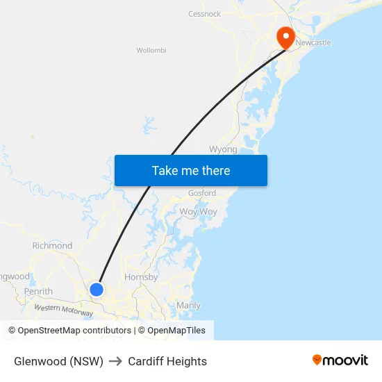 Glenwood (NSW) to Cardiff Heights map