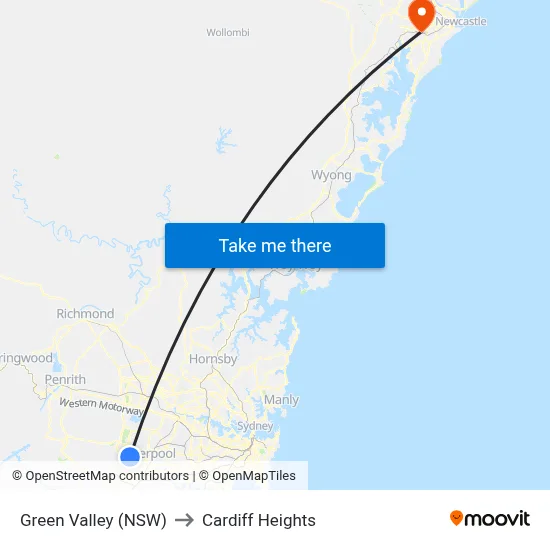 Green Valley (NSW) to Cardiff Heights map