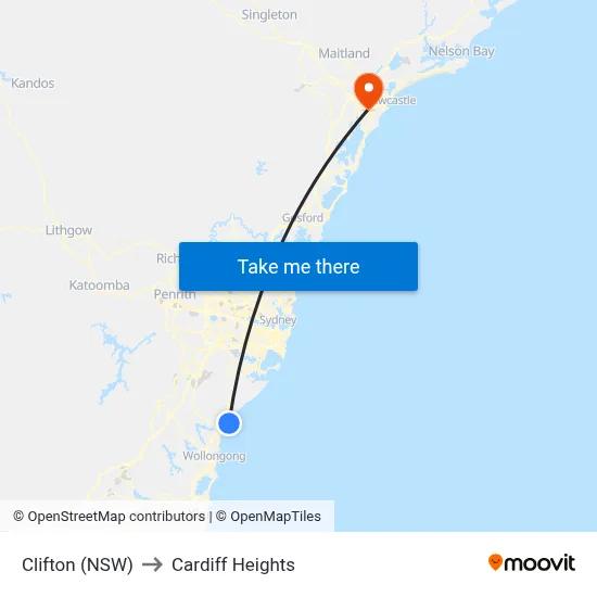 Clifton (NSW) to Cardiff Heights map