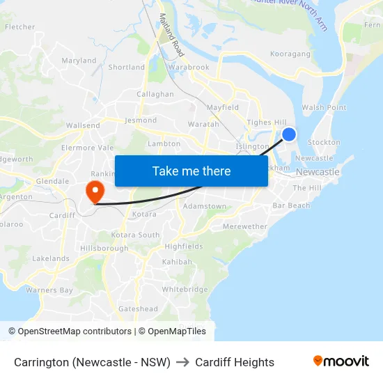 Carrington (Newcastle - NSW) to Cardiff Heights map