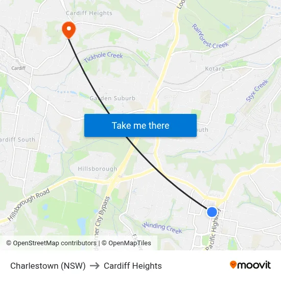 Charlestown (NSW) to Cardiff Heights map