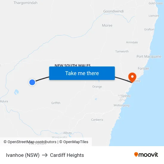 Ivanhoe (NSW) to Cardiff Heights map