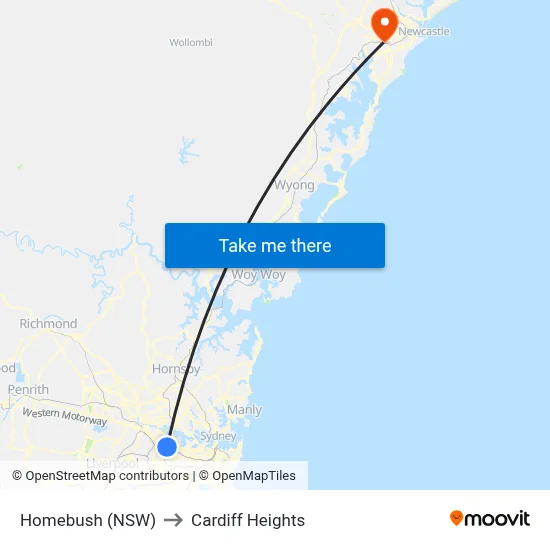 Homebush (NSW) to Cardiff Heights map