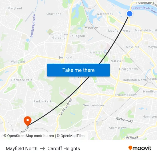 Mayfield North to Cardiff Heights map