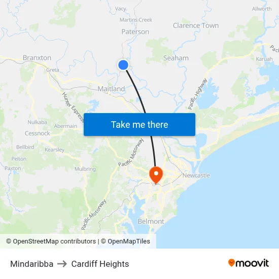 Mindaribba to Cardiff Heights map