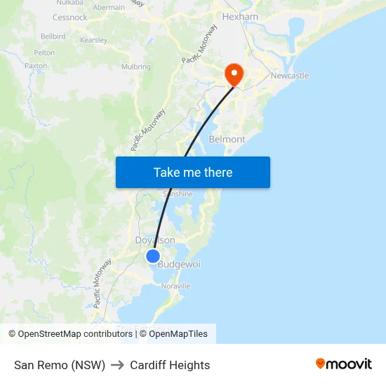 San Remo (NSW) to Cardiff Heights map