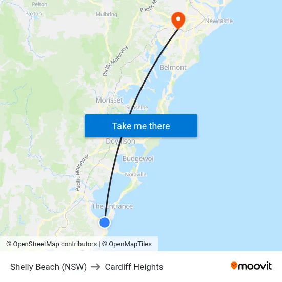 Shelly Beach (NSW) to Cardiff Heights map