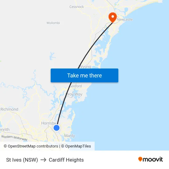 St Ives (NSW) to Cardiff Heights map