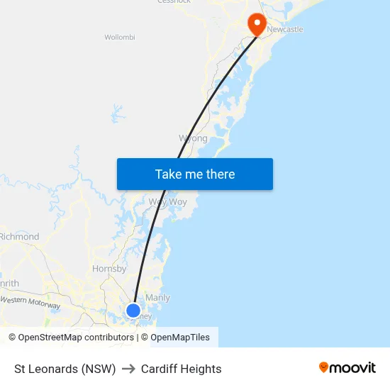 St Leonards (NSW) to Cardiff Heights map