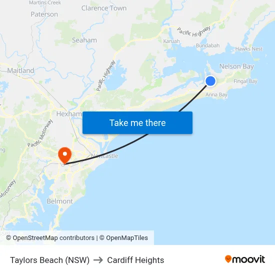 Taylors Beach (NSW) to Cardiff Heights map