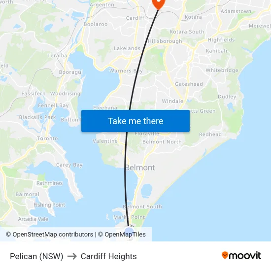 Pelican (NSW) to Cardiff Heights map