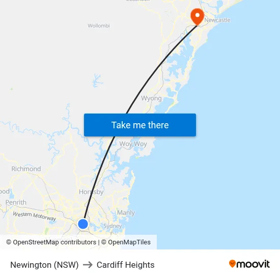 Newington (NSW) to Cardiff Heights map