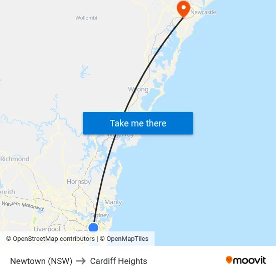 Newtown (NSW) to Cardiff Heights map