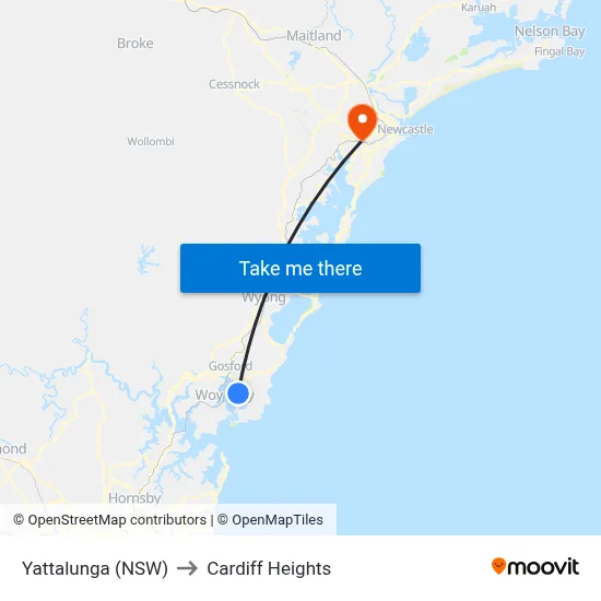 Yattalunga (NSW) to Cardiff Heights map