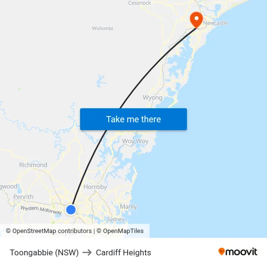 Toongabbie (NSW) to Cardiff Heights map