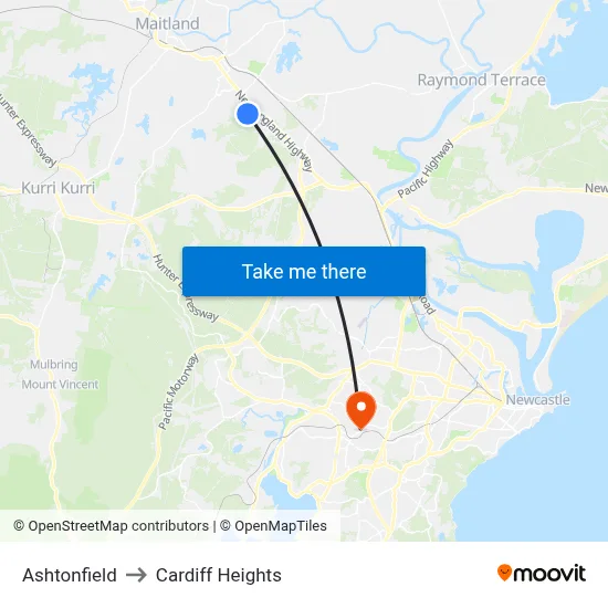 Ashtonfield to Cardiff Heights map