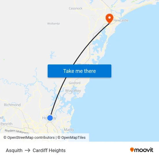 Asquith to Cardiff Heights map