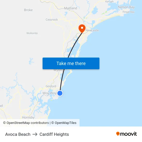 Avoca Beach to Cardiff Heights map
