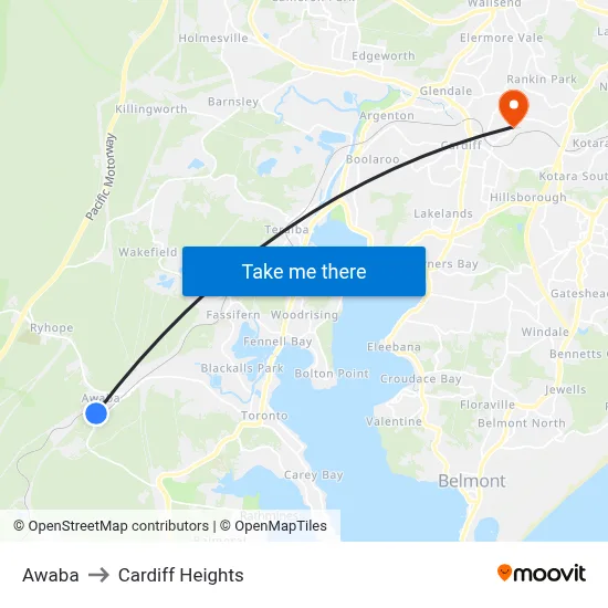 Awaba to Cardiff Heights map