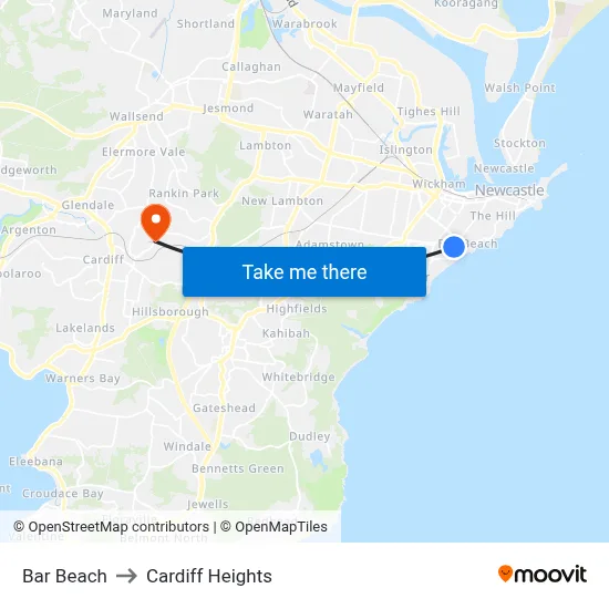 Bar Beach to Cardiff Heights map