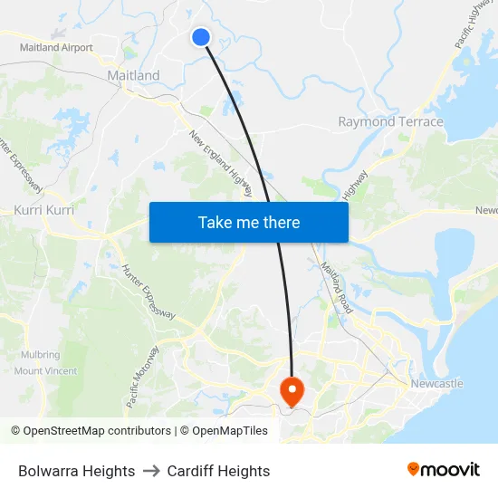 Bolwarra Heights to Cardiff Heights map