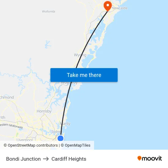 Bondi Junction to Cardiff Heights map