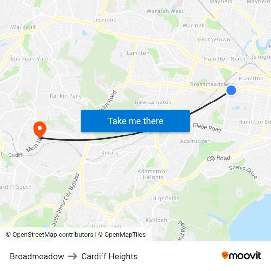 Broadmeadow to Cardiff Heights map