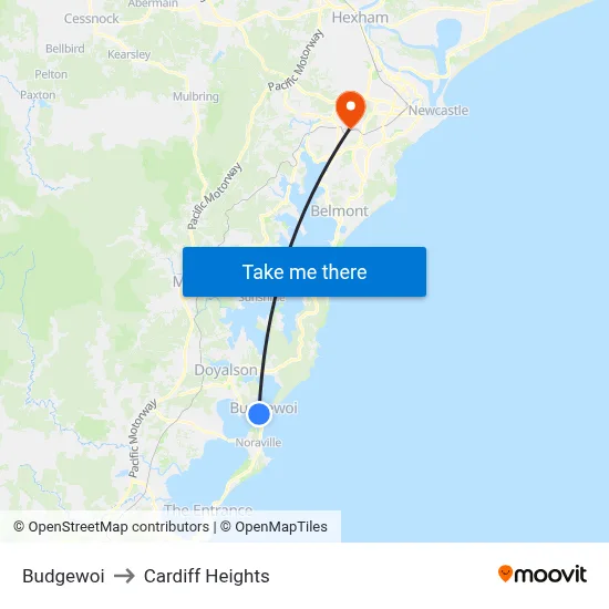 Budgewoi to Cardiff Heights map