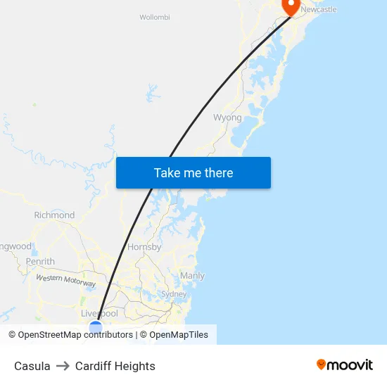 Casula to Cardiff Heights map