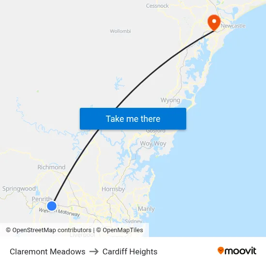 Claremont Meadows to Cardiff Heights map