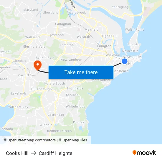 Cooks Hill to Cardiff Heights map
