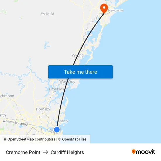 Cremorne Point to Cardiff Heights map