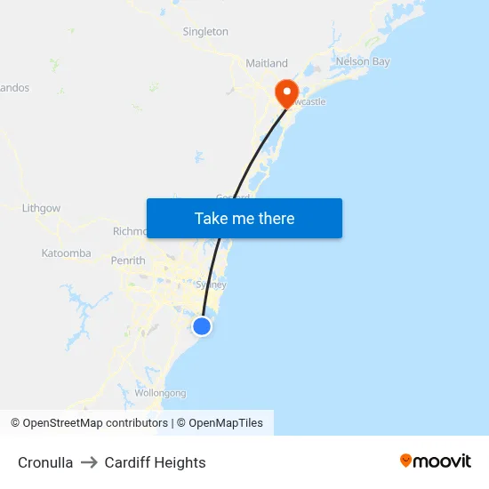 Cronulla to Cardiff Heights map