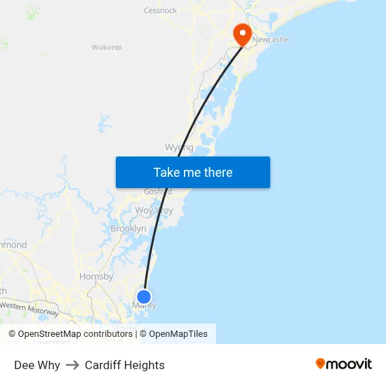 Dee Why to Cardiff Heights map