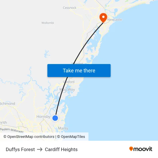 Duffys Forest to Cardiff Heights map