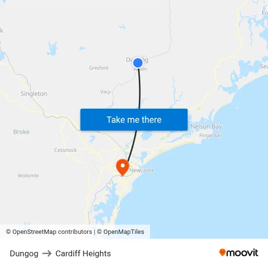 Dungog to Cardiff Heights map