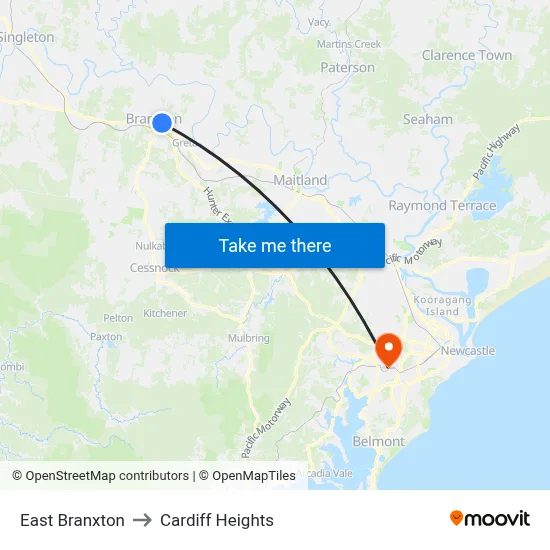 East Branxton to Cardiff Heights map