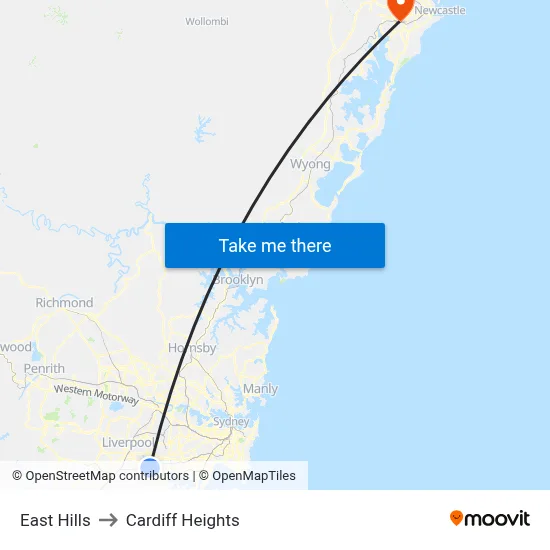 East Hills to Cardiff Heights map