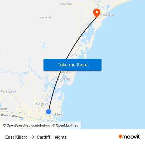 East Killara to Cardiff Heights map