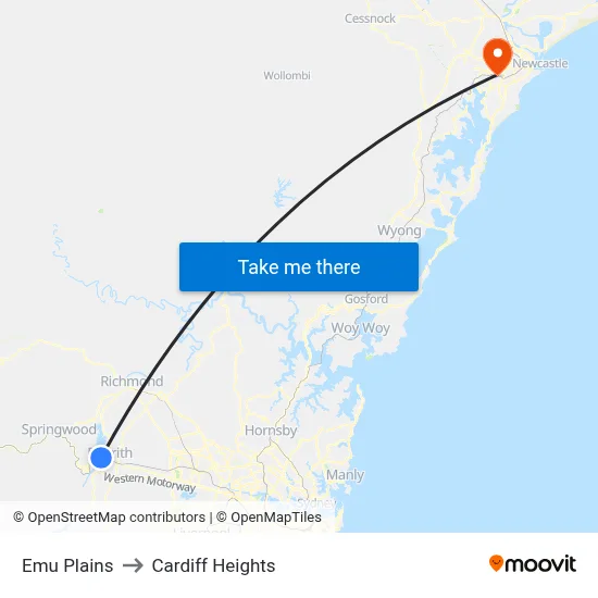 Emu Plains to Cardiff Heights map