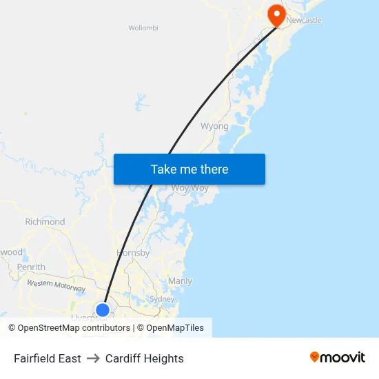 Fairfield East to Cardiff Heights map